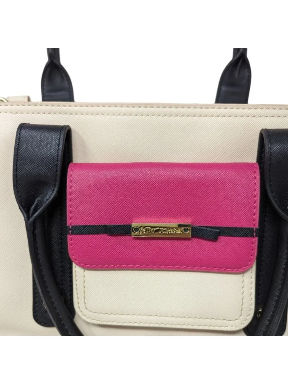 Betsey Johnson Beige Cream Pink Black Gold Handbag Satchel Crossbody Bag